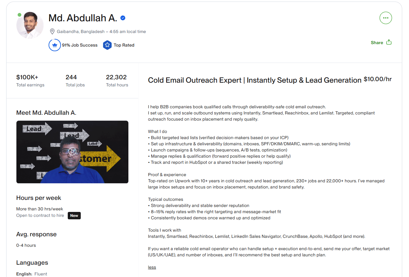 আব্দুল্লাহ আল মাসুমের Upwork প্রোফাইল—Top Rated, $100K+ lifetime earnings, ২৪৪টি কাজ, ২২,৩০২ ঘণ্টা